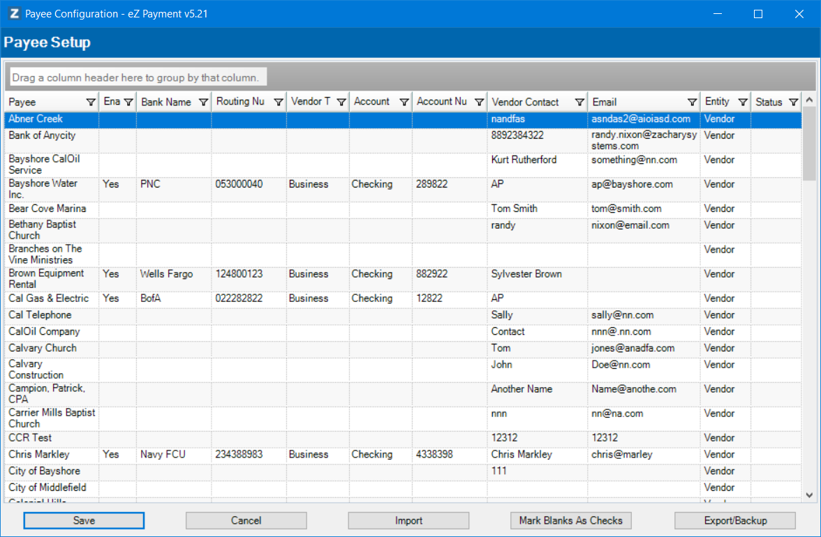 Payee List Window